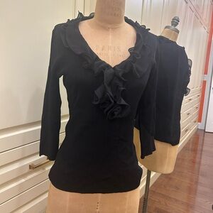 Adrienne Vittadini Black V-Neck Sweater with Ruffles
